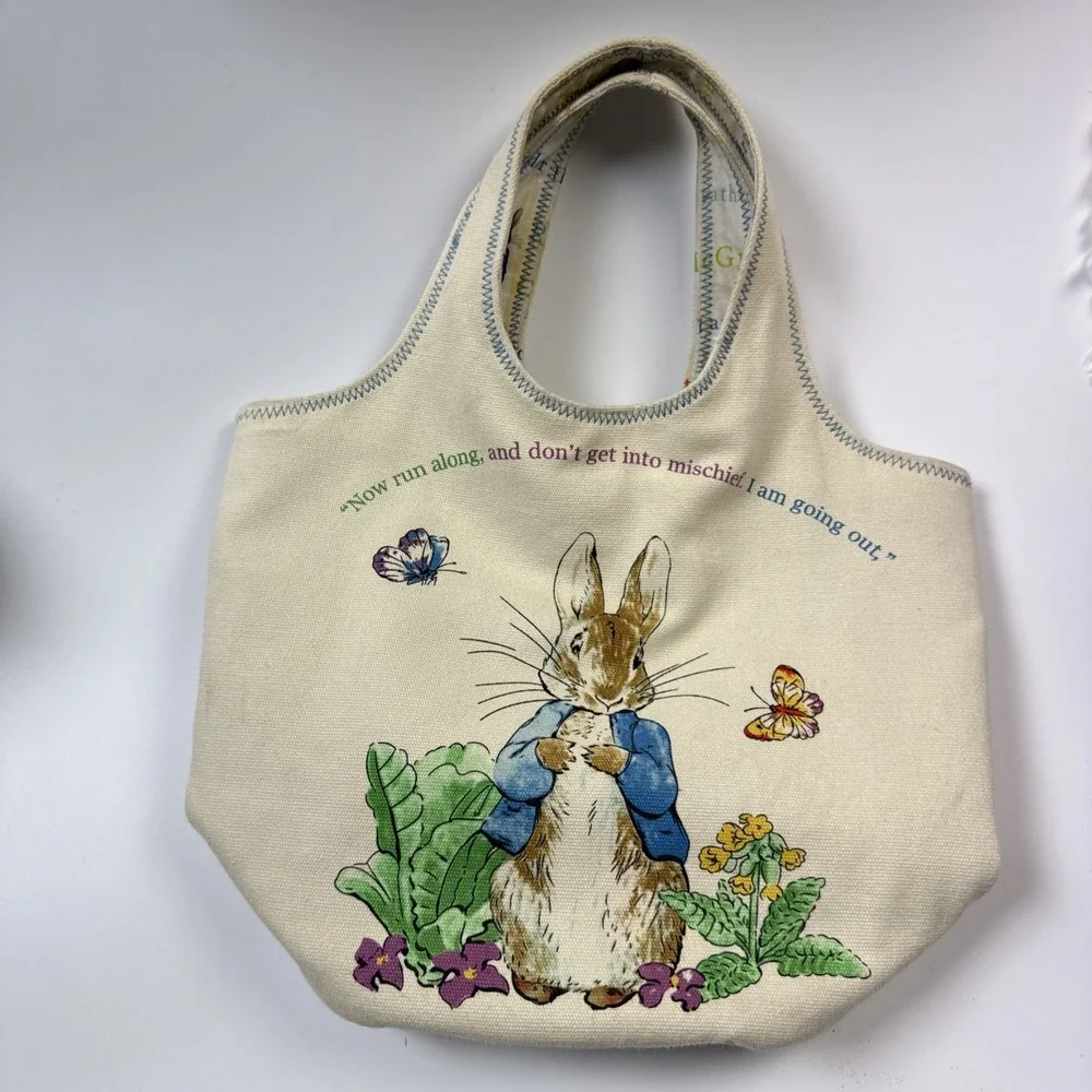 Beatrix Potter Peter Rabbit Lined Canvas Tote Bunny Pom Pom Tail‎ Small Handbag